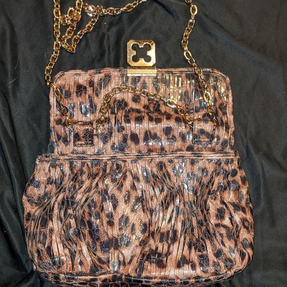 CHICOS Metallic Gorgeous Leopard Print Purse Gold Metal Chain - Picture 4 of 5